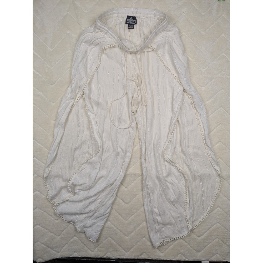 Angie White Gauze Tulip Pants Silver Metallic Stripe Crochet Trim Large